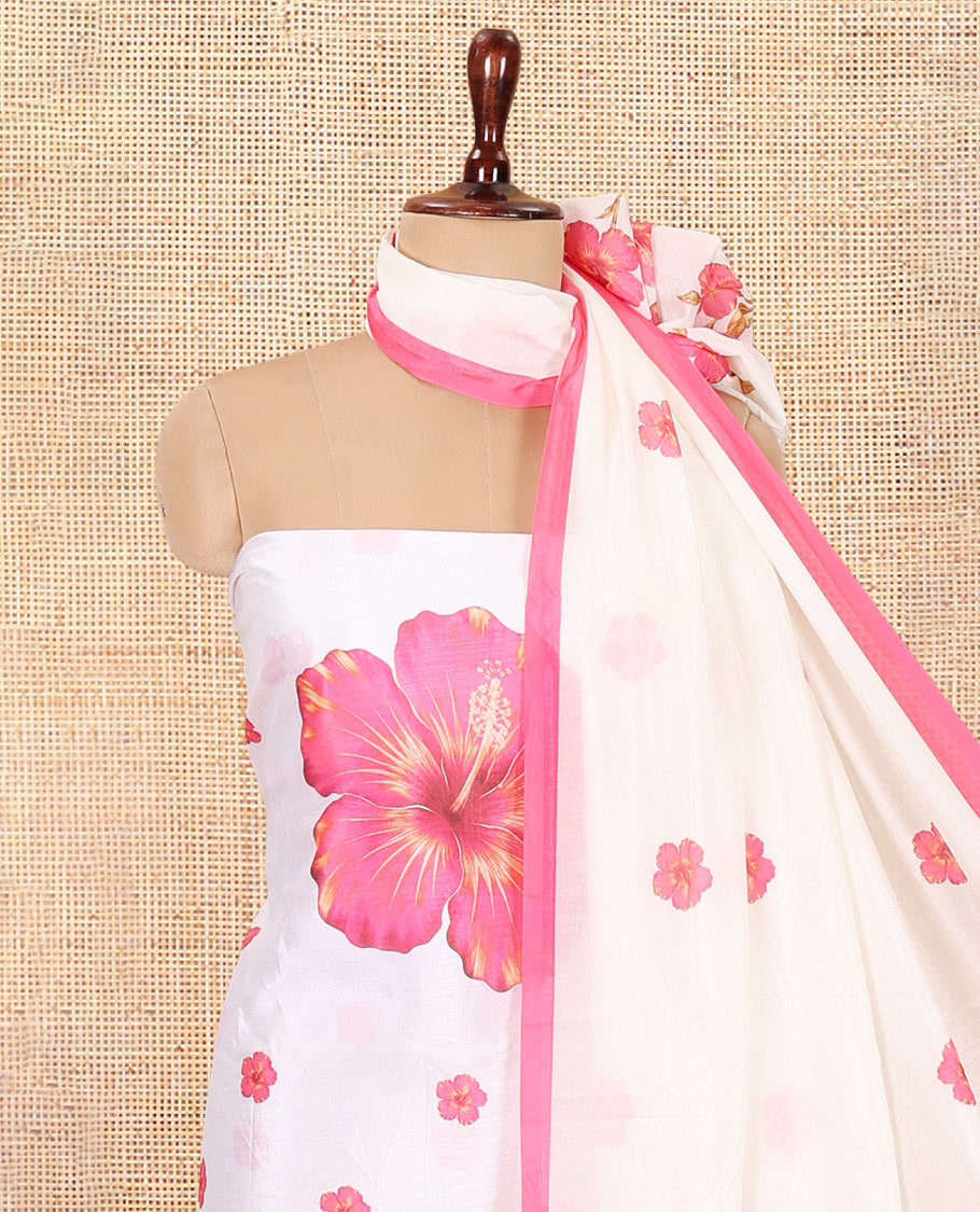 Cream-Pink Semi-Silk Material Chudidar, Floral Printed Top, Matching Bottom, Floral Printed Dupatta