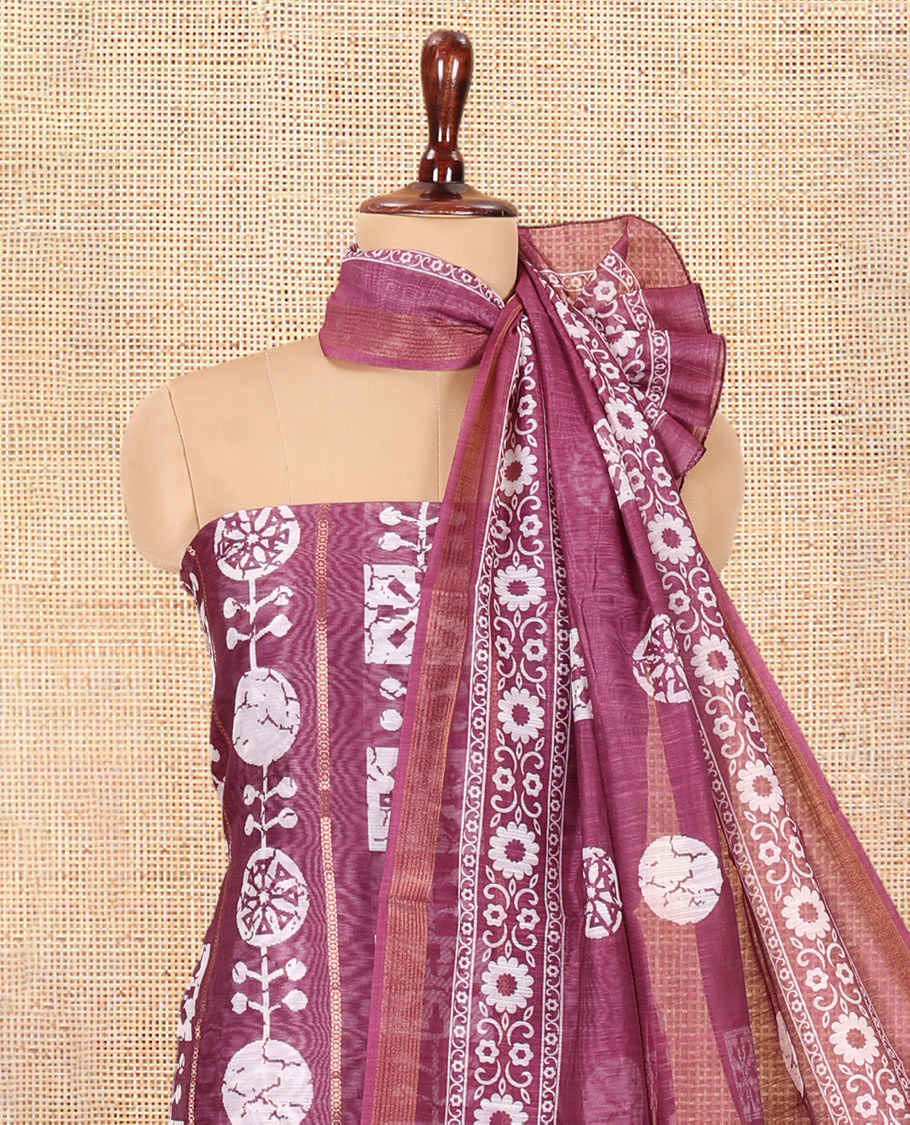 Purple Chanderi Material Chudidar Features Batik Printed Top, a Matching Bottom, and Batik Printed Dupatta