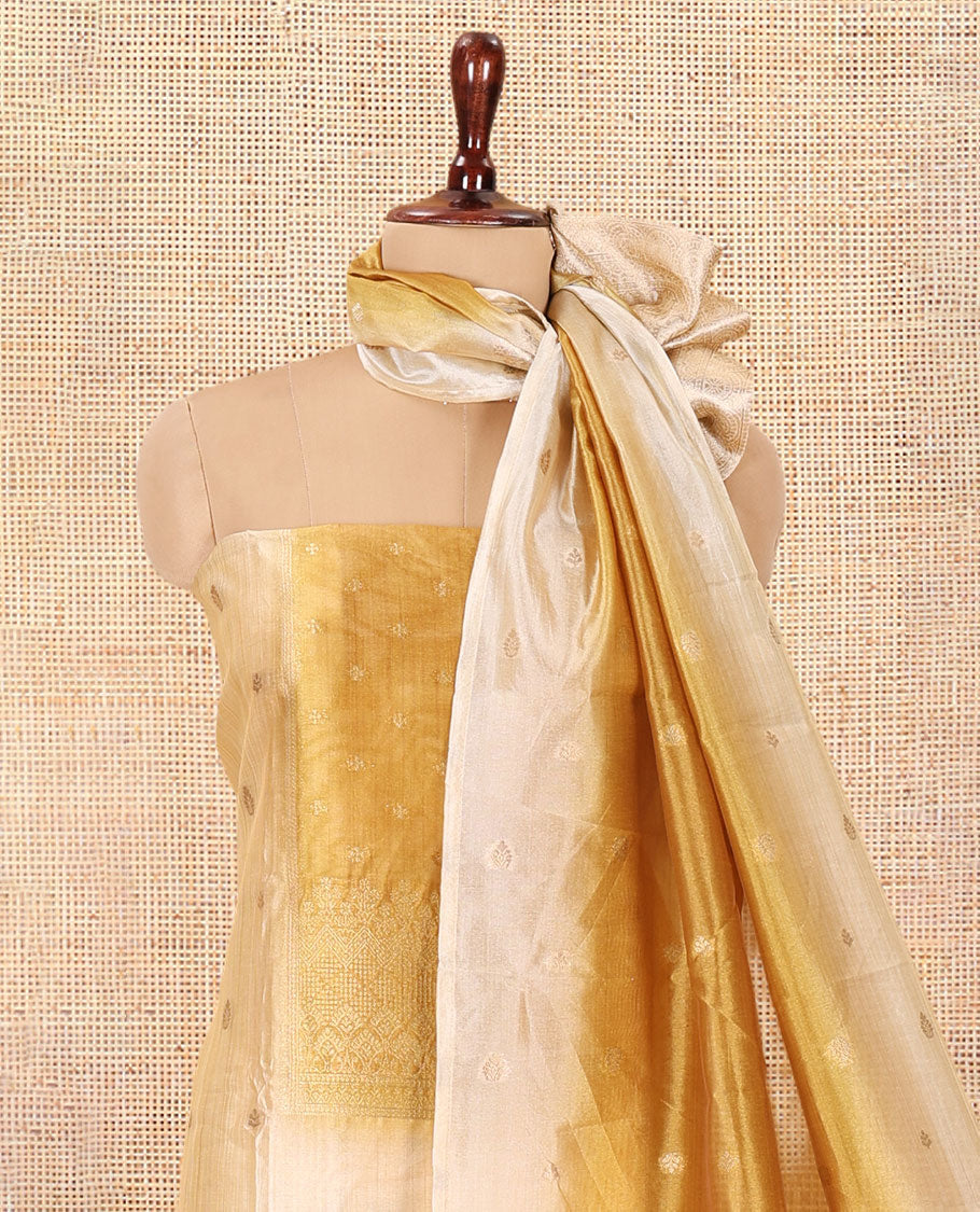 Chikku-Mustard Semi-Tussar Material Chudiddar, Buttas and Neck Work Top, Contrast Bottom, Buttas Dupatta