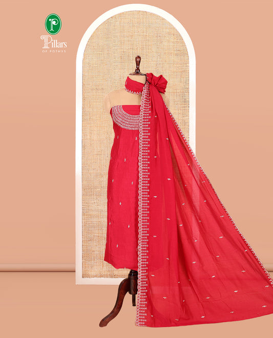 Red Vichitra Silk Material Chudiddar, Embroidered Top, Plain Bottom, Scallop Embroidered Dupatta