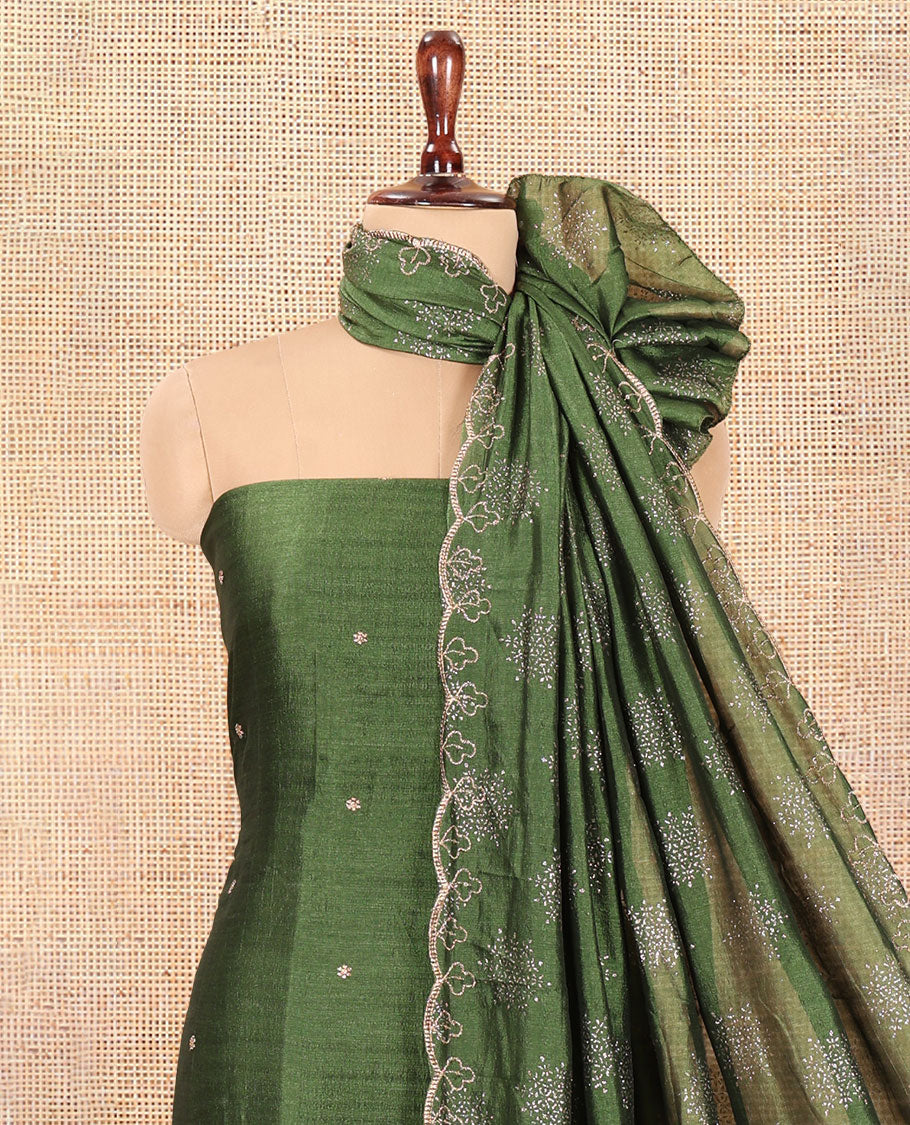 Green Semi-Silk Material Churidar Set, Floral Embroidered Top, a Matching Bottom, and a Scallop Foil Printed Dupatta