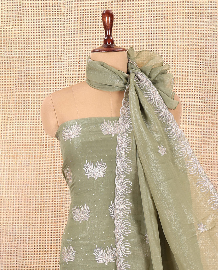 Pista Green Crunchy Chiffon Material Churidar Features Thread Embroidered-Stone Work Top, Plain Bottom, Embroidered Dupatta