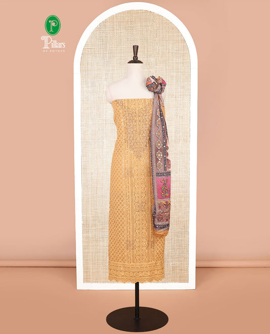 Golden color shifli sequins work, swarovski stone, moti work georgette chudidhar material top with american crepe pant & chinnon material digital print , mirror work dupatta