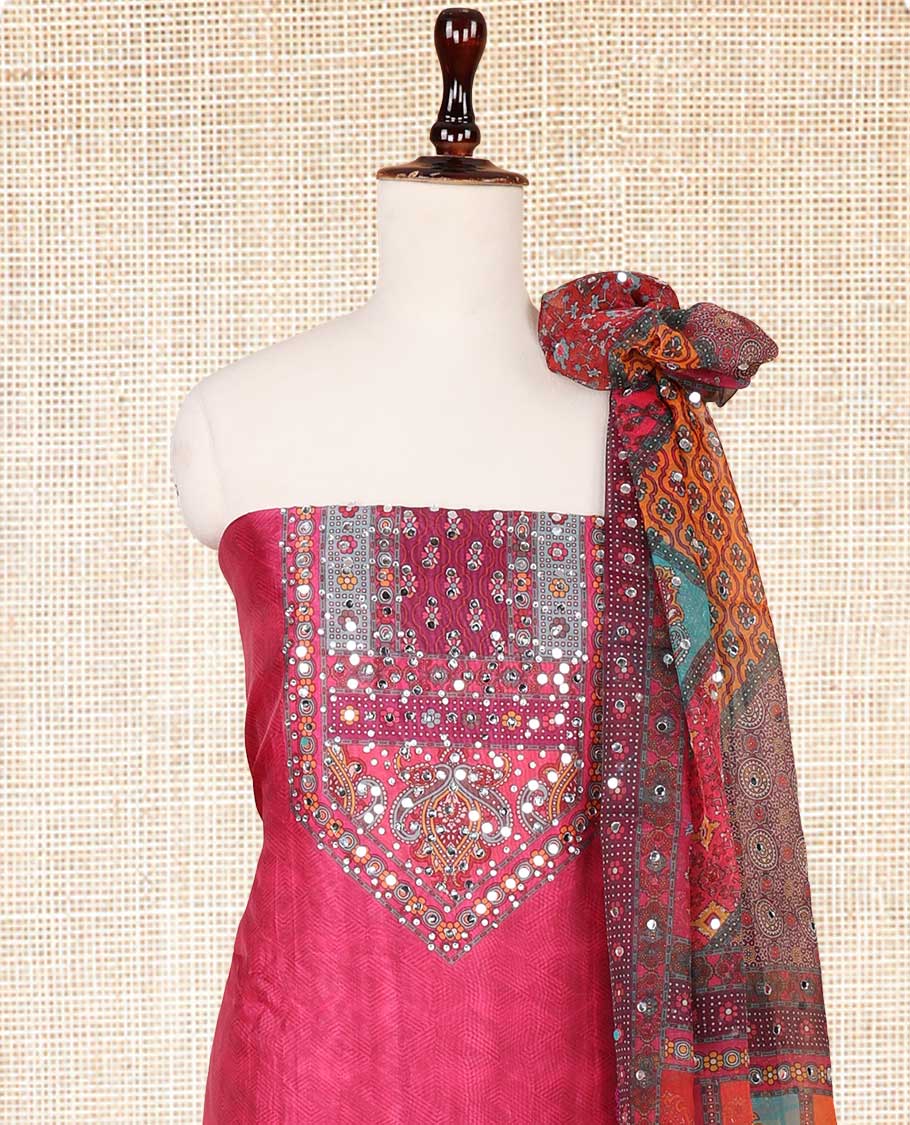 Rani pink ajrak digital print, mirror, stone  work organza chudidhar material top with santton material pant & floral digital print, mirror work dupatta