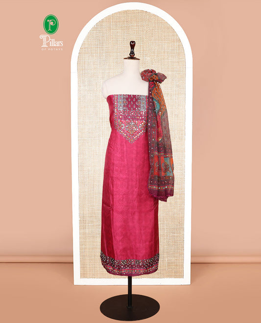 Rani pink ajrak digital print, mirror, stone  work organza chudidhar material top with santton material pant & floral digital print, mirror work dupatta