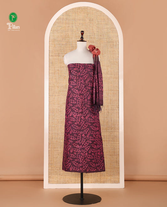 Onion pink chudidhar material, leaf batik-print bhagalpuri cotton top,contrast batik-print bottom & dual-color printed mul-mul dupatta