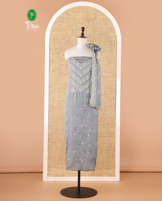 Metal grey vichitra crush material chudidar set, thread & bead floral embroidery top, plain santoon bottom & floral thread embroidery dupatta