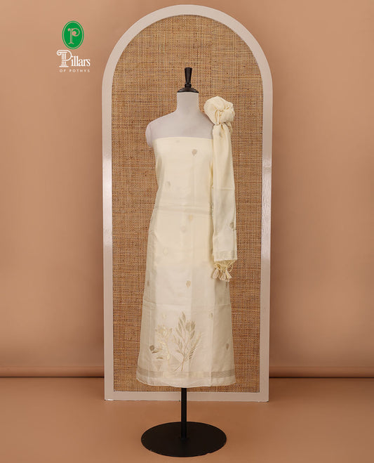 Kerala cream chudidar material, zari floral design woven taffeta silk top, plain santoon bottom & floral zari design dupatta