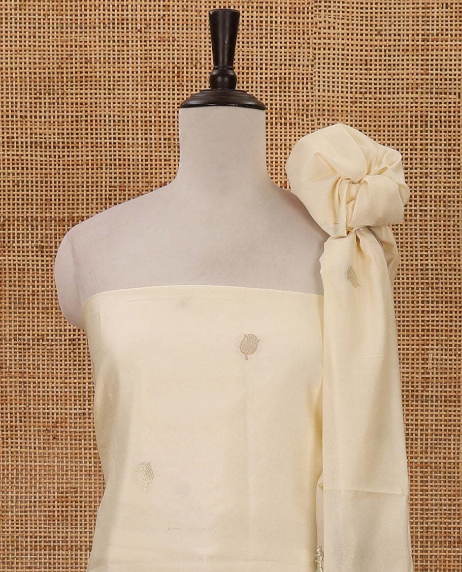 Kerala cream chudidar material, zari floral design woven taffeta silk top, plain santoon bottom & floral zari design dupatta