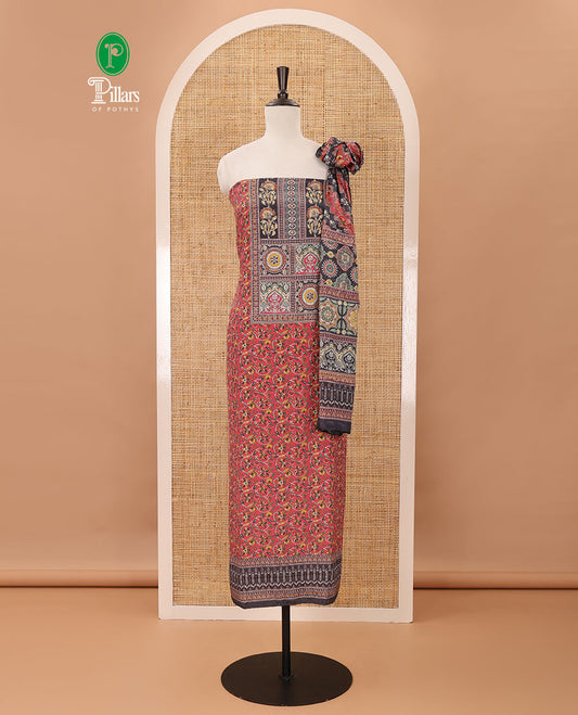 Pink material chudidar set,floral-geometric Arjrakh print & stonework Masakali crepe top,plain bottom & Arjrakh print & stonework chinon dupatta