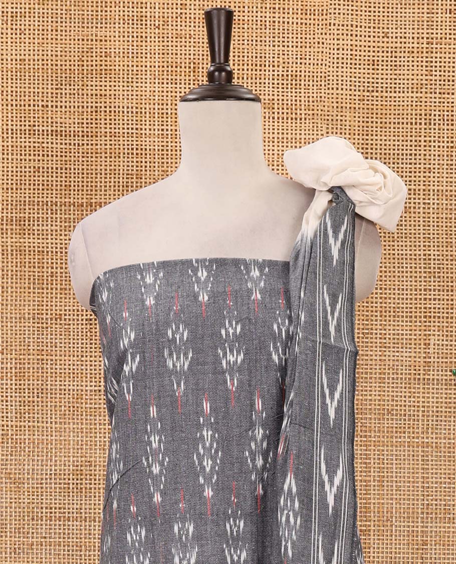 Grey material chudidar set, unique pochampally ikkat buttas printed pure cotton top, contrast cotton bottom & pochampally ikkat printed dupatta