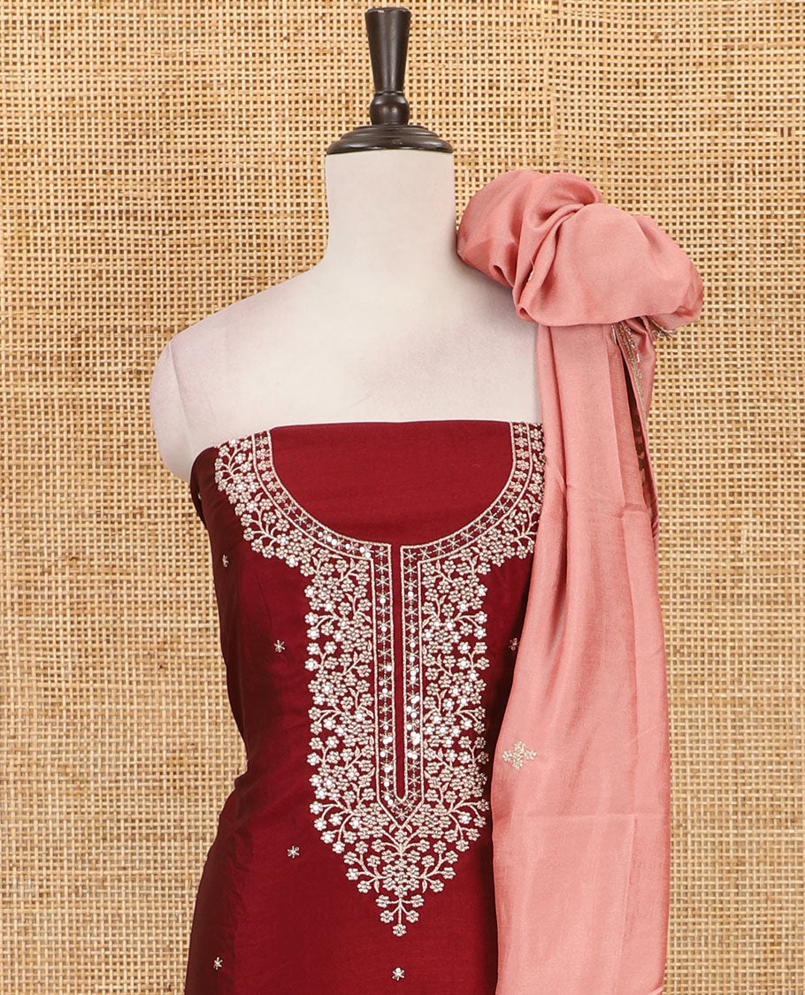 Maroon Vichitra silk material chudidar set, floral design neck embroidered top, santoon bottom & contrast embroidered Vichitra silk dupatta