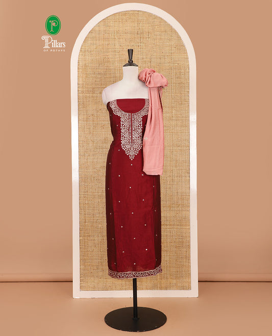 Maroon Vichitra silk material chudidar set, floral design neck embroidered top, santoon bottom & contrast embroidered Vichitra silk dupatta