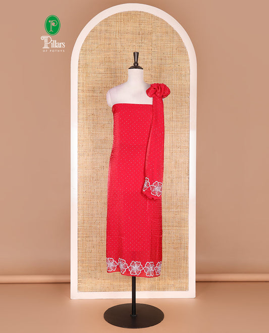 Rani pink velvet organza material chudidar set, micro stone embedded with floral micro-stone embroidered top, Italian crepe bottom, and micro stone embroidered dupatta