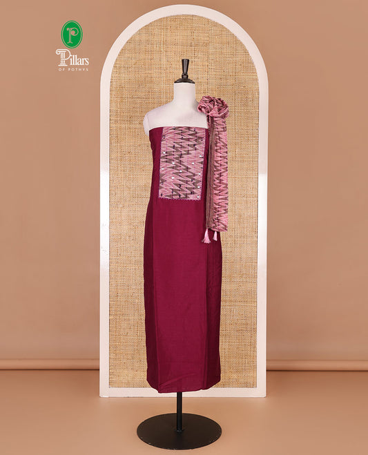 Wine Vertican silk material chudidar set, ikkat chevron striped with mirror neck embroidered top, santoon bottom, and contrast chevron striped dupatta