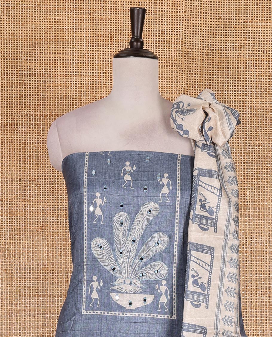 Blue material churidar set, warli tribe village theme print with mirror work semi-tussar top, plain bottom, and warli tribe village theme print semi-tussar dupatta