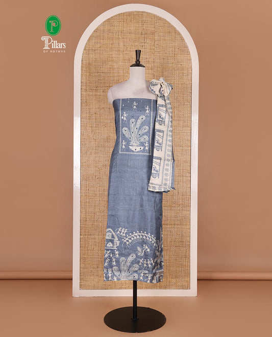 Blue material churidar set, warli tribe village theme print with mirror work semi-tussar top, plain bottom, and warli tribe village theme print semi-tussar dupatta