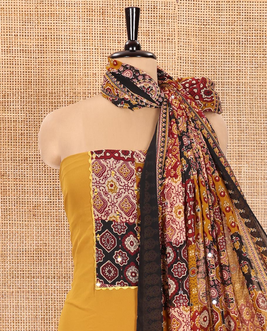 Yellow Material Chudidhar Set, Ornamented with Ajrakh-Style Print and Mirror Work Fox Georgette Top, Santoon Plain Bottom, and Georgette Dupatta of Ajrakh Print and Mirror Work
