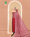 Red Material Chudidhar Set, Bedecked with Ajrakh Patch Work and Mirror Work, Vichitra Silk Top, Plain Santoon Bottom, and Chinon Silk Dupatta Featuring Intricate Ajrakh Prints