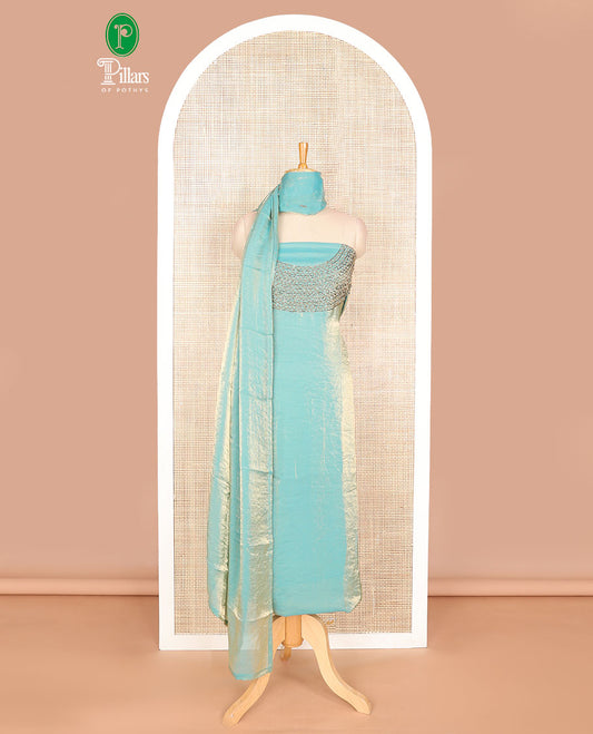 Firosi jewllery antique neck handwork fendy organza chudidhar material set with santoon material pants & one side hanwork dupatta
