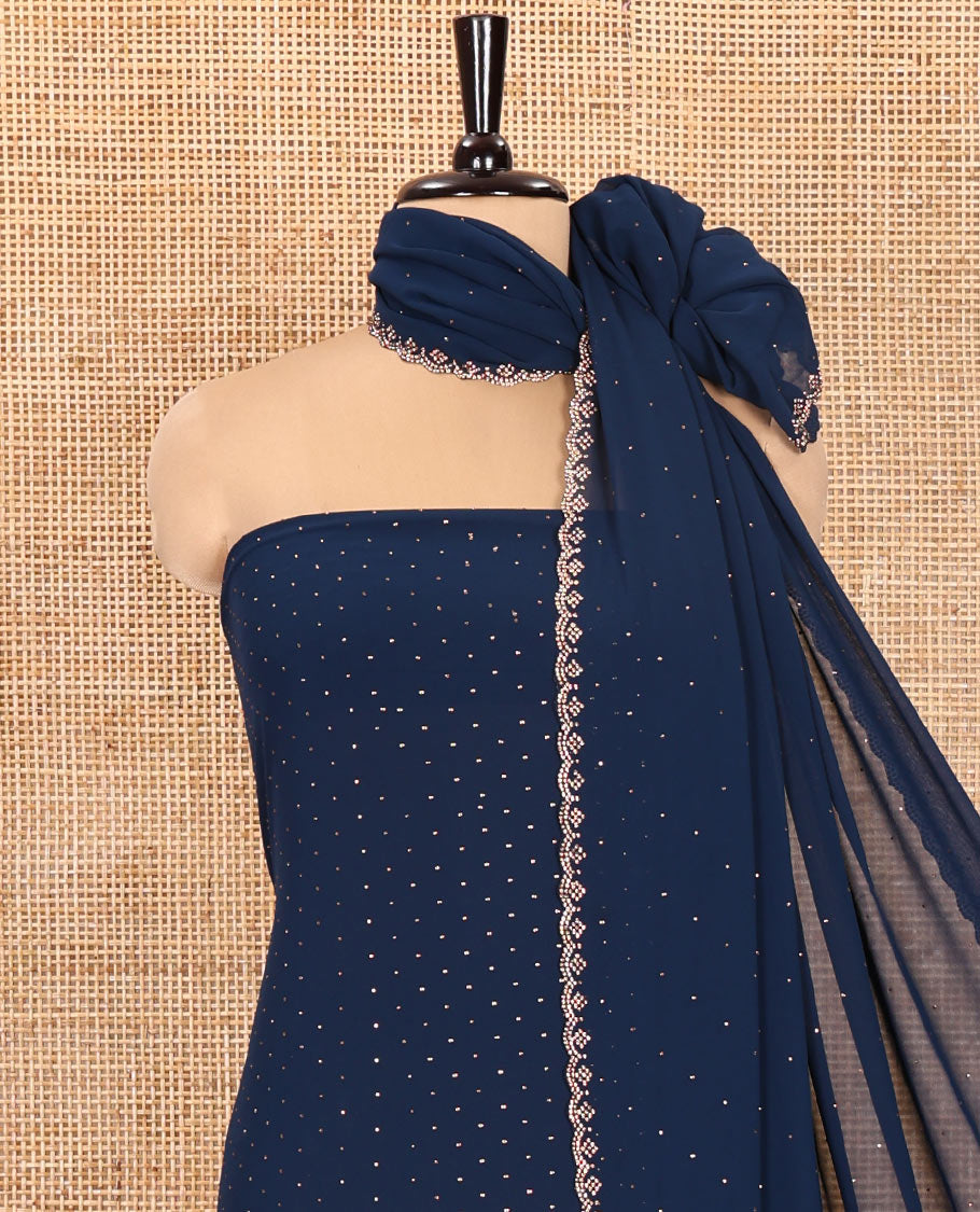Blue Material Churidar Set, Swarovski Stone Work Fox Georgette Top, Comes with a Plain Santoon Bottom, and a Scallop Swarovski Stone Work Fox Georgette Dupatta