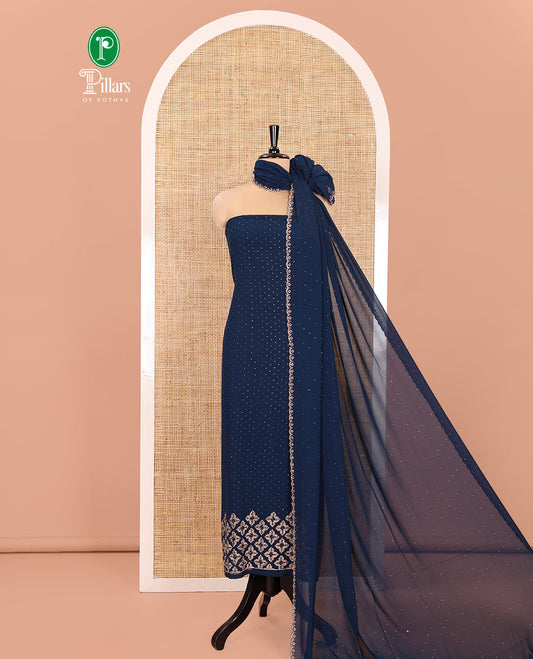 Blue Material Churidar Set, Swarovski Stone Work Fox Georgette Top, Comes with a Plain Santoon Bottom, and a Scallop Swarovski Stone Work Fox Georgette Dupatta