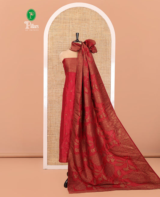Red Material Churidar Set, Bedecked with Zari Buttas Woven on Its Semi-Silk Top, Comes with a Plain Santoon Bottom, and a Semi-Silk Floral Jaal Zari Jacquard Dupatta