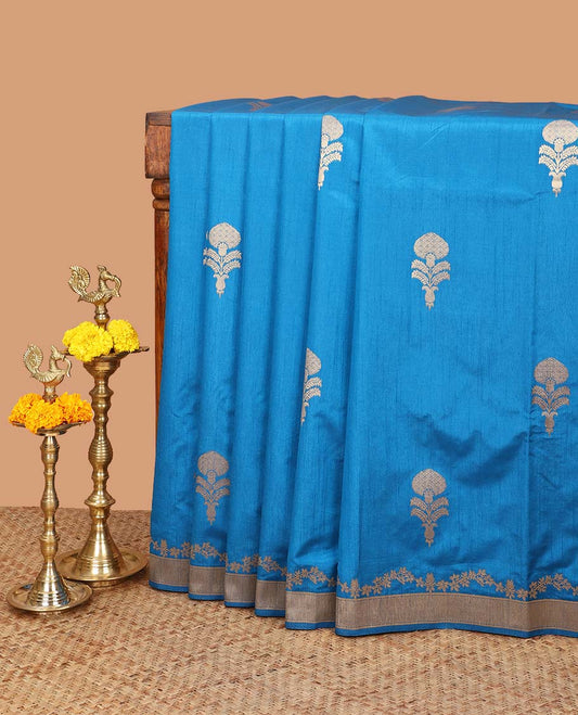 Peacock blue banaras style mango butta dola raw silk saree with bavanji border & bavanji temple style pallu along with geometrical design blouse