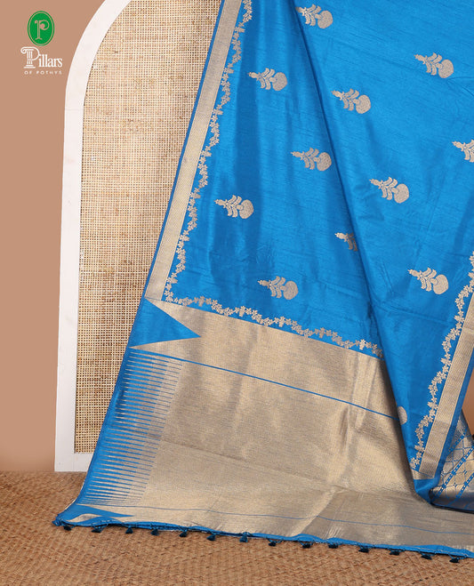 Peacock blue banaras style mango butta dola raw silk saree with bavanji border & bavanji temple style pallu along with geometrical design blouse