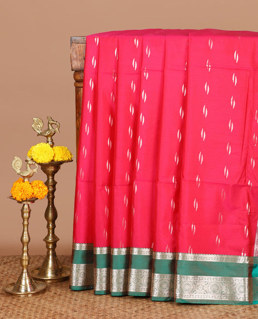Pink zari butta semi soft silk saree with rettai pettu, diamond border grand pallu along with plain blouse