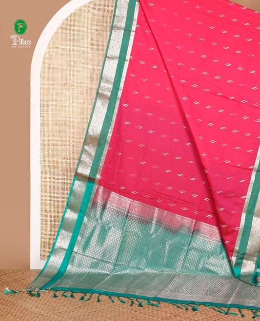 Pink zari butta semi soft silk saree with rettai pettu, diamond border grand pallu along with plain blouse