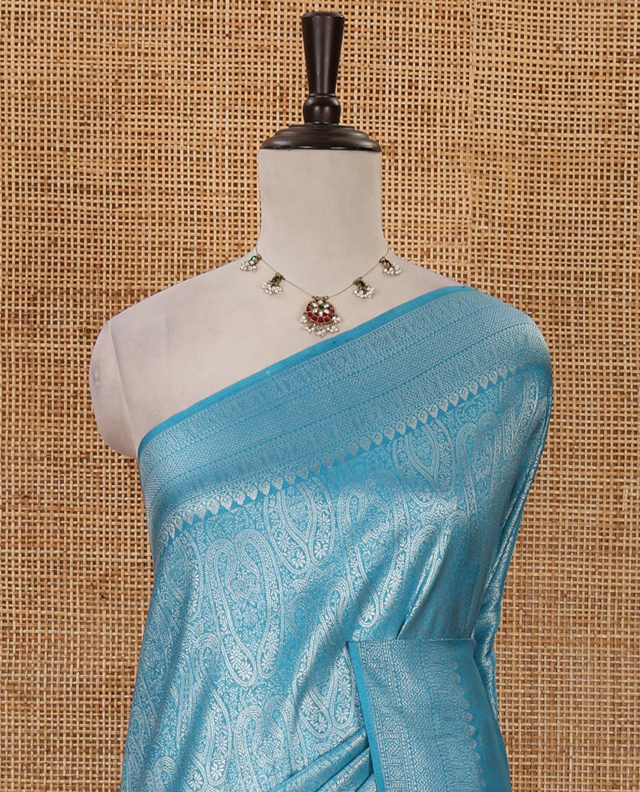 Blue mango-design jamdani zari body softy saree, self-traditional zari border, rich pallu & matching blouse