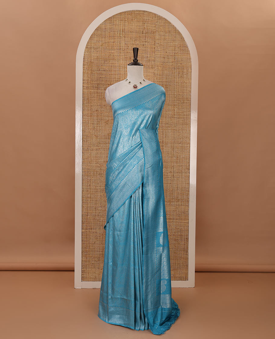 Blue mango-design jamdani zari body softy saree, self-traditional zari border, rich pallu & matching blouse
