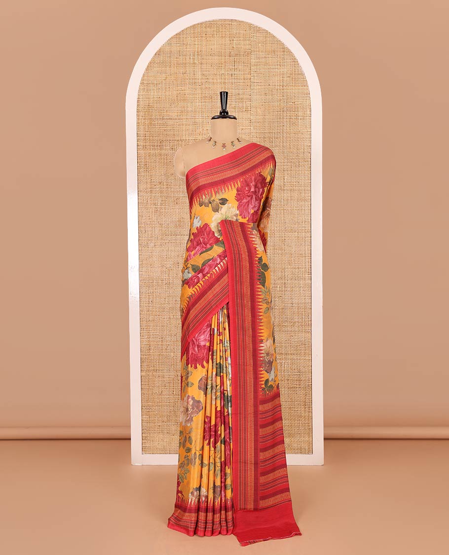 Mustrad floral printed Italian crepe saree, contrast temple printed border, striped pallu, and a printed bordered blouse
