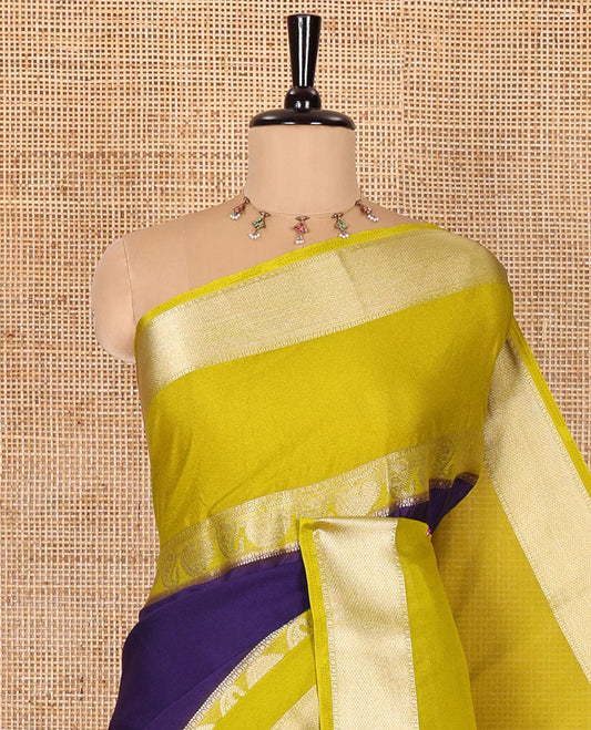Purple plain fancy Mysore silk saree, contrast rettai-pettu traditional zari border of peacock and paisleys, zari striped pallu, and a contrast zari design blouse