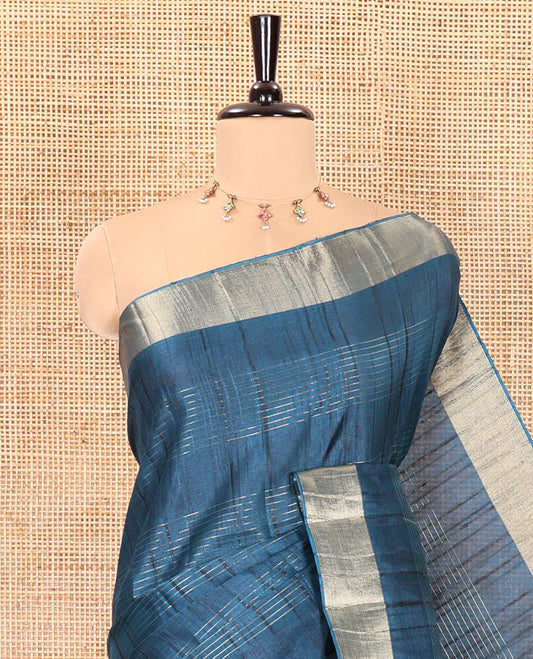 Blue horizontal striped fancy tussar silk saree, bavanji border, self-pallu, and a matching striped blouse