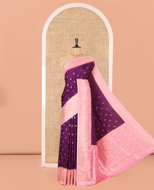 Purple Russian Dola Silk Saree, Prettified with Paisley Buttas All Over Its Body, Complemented by a Contrast Traditional Zari Design Border, Pallu of Floral Jaal Designs, and Paired with a Contrast Blouse