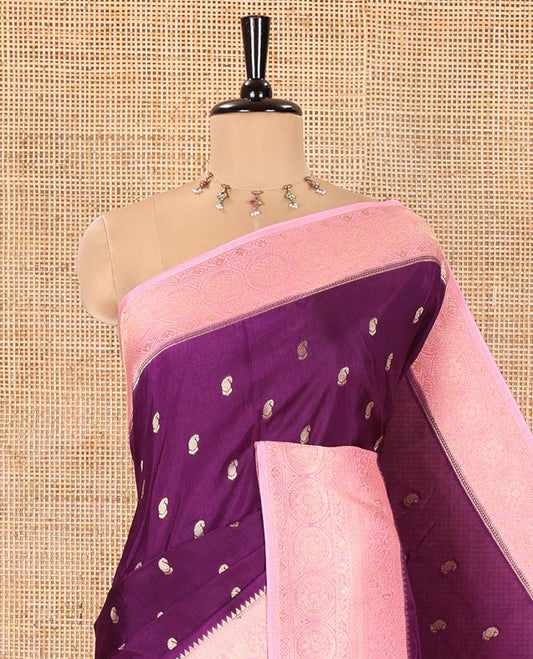 Purple Russian Dola Silk Saree, Prettified with Paisley Buttas All Over Its Body, Complemented by a Contrast Traditional Zari Design Border, Pallu of Floral Jaal Designs, and Paired with a Contrast Blouse