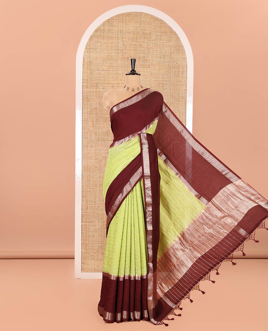 Elaichi Green Assam Silk Saree, Embellished with Horizontal Zari Stripes All Over Its Body, Complemented by a Contrast Traditional Zari Design Rettai Pettu Border, Grand Zari Striped Pallu, and Paired with a Contrast Blouse