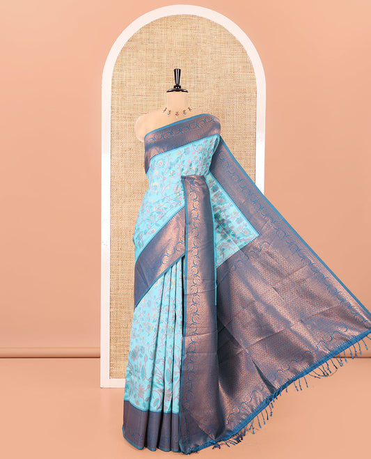 Sky Blue Litchi Saree, Bedecked with Floral Vine in Resham and Zari Thread Designs, Complemented by Contrast Floral Zari Border, Grand Jaal Design Pallu, and Paired with a Contrast Blouse