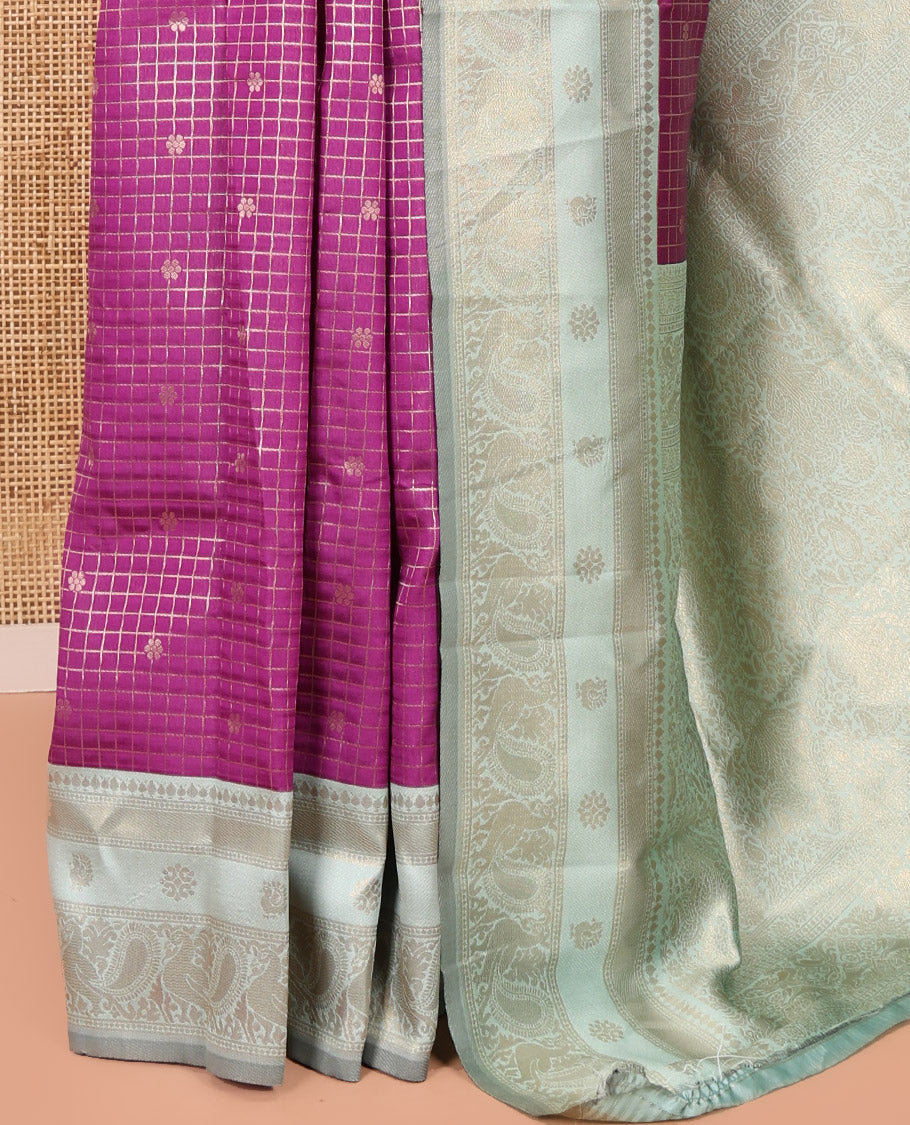 Dark Pink Litchi Saree Features Buttas and Checks, Contrast Traditional Peacocks Border, Intricate Pallu, and Contrast Blouse