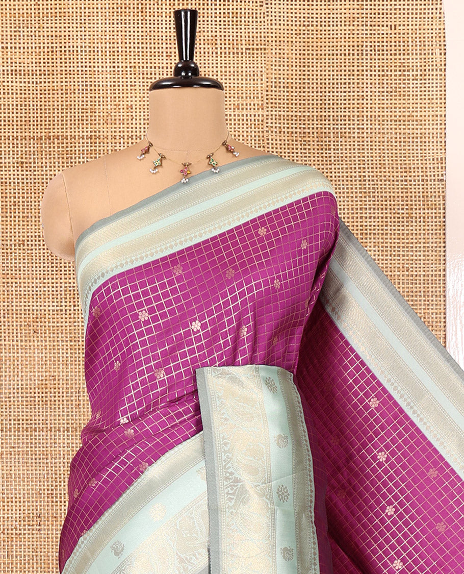 Dark Pink Litchi Saree Features Buttas and Checks, Contrast Traditional Peacocks Border, Intricate Pallu, and Contrast Blouse