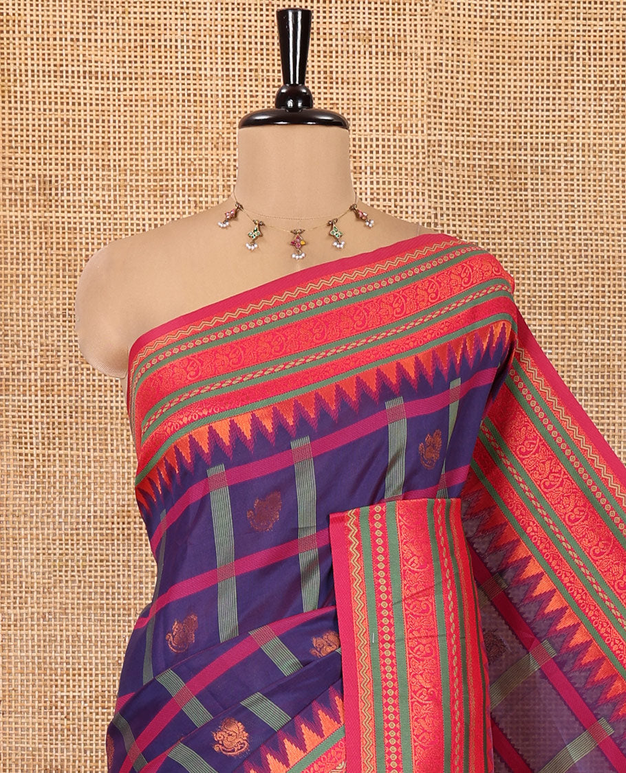 Purple Litchi Chettinad Saree Features Zari Design, Contrast Traditional Border, Contrast Blouse