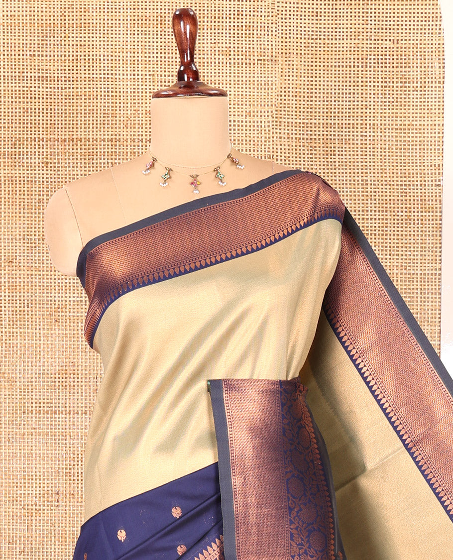 Navy Litchi Saree, Adorned with Half-And-Half and Zari Buttas, Contrast Traditional Zari Border, Grand Pallu, and a Contrast Blouse