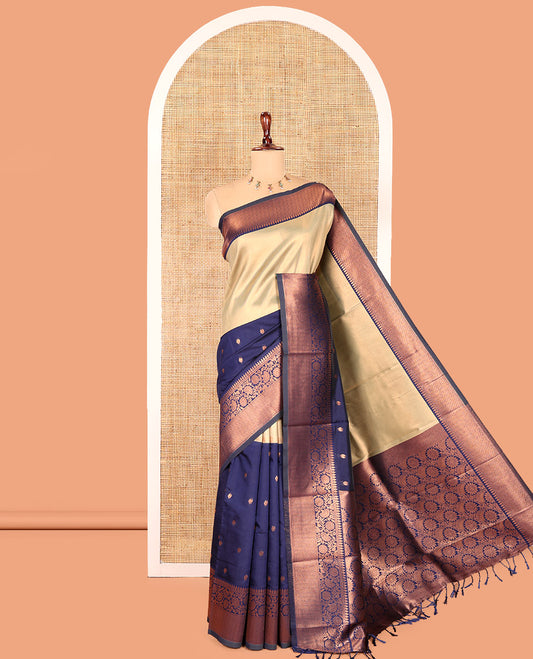 Navy Litchi Saree, Adorned with Half-And-Half and Zari Buttas, Contrast Traditional Zari Border, Grand Pallu, and a Contrast Blouse