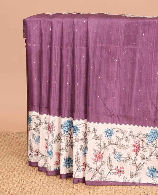 Purple zari butta fancy tussar saree with kalamkari style border & kalamkari pallu along with printed blouse