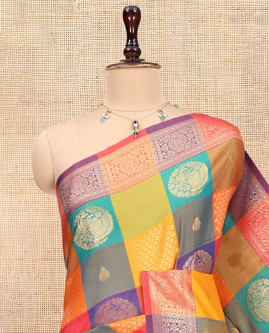 Multi-Color Palum Pazhamum Checked Fancy Soft Silk Saree, Ornamented with Zari Buttas, a Zari Border, Rich Pallu, a Matching Blouse