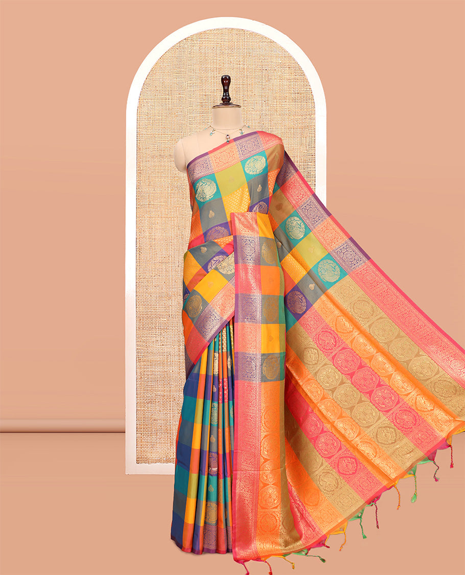 Multi-Color Palum Pazhamum Checked Fancy Soft Silk Saree, Ornamented with Zari Buttas, a Zari Border, Rich Pallu, a Matching Blouse
