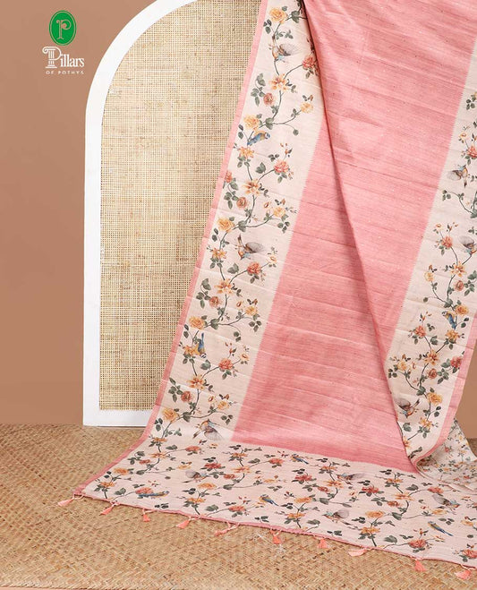 Peach zari butta fancy tussar saree with bird digital floral design border & digital print pallu along with floral print blouse