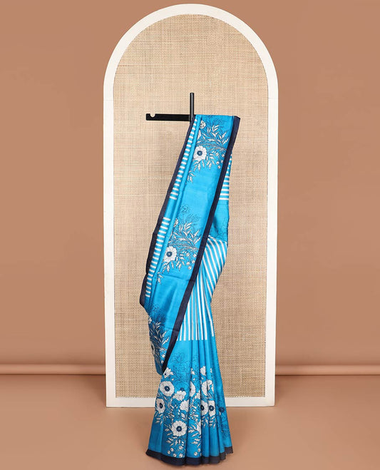 Blue floral, geometric design printed silk saree with contrast border
